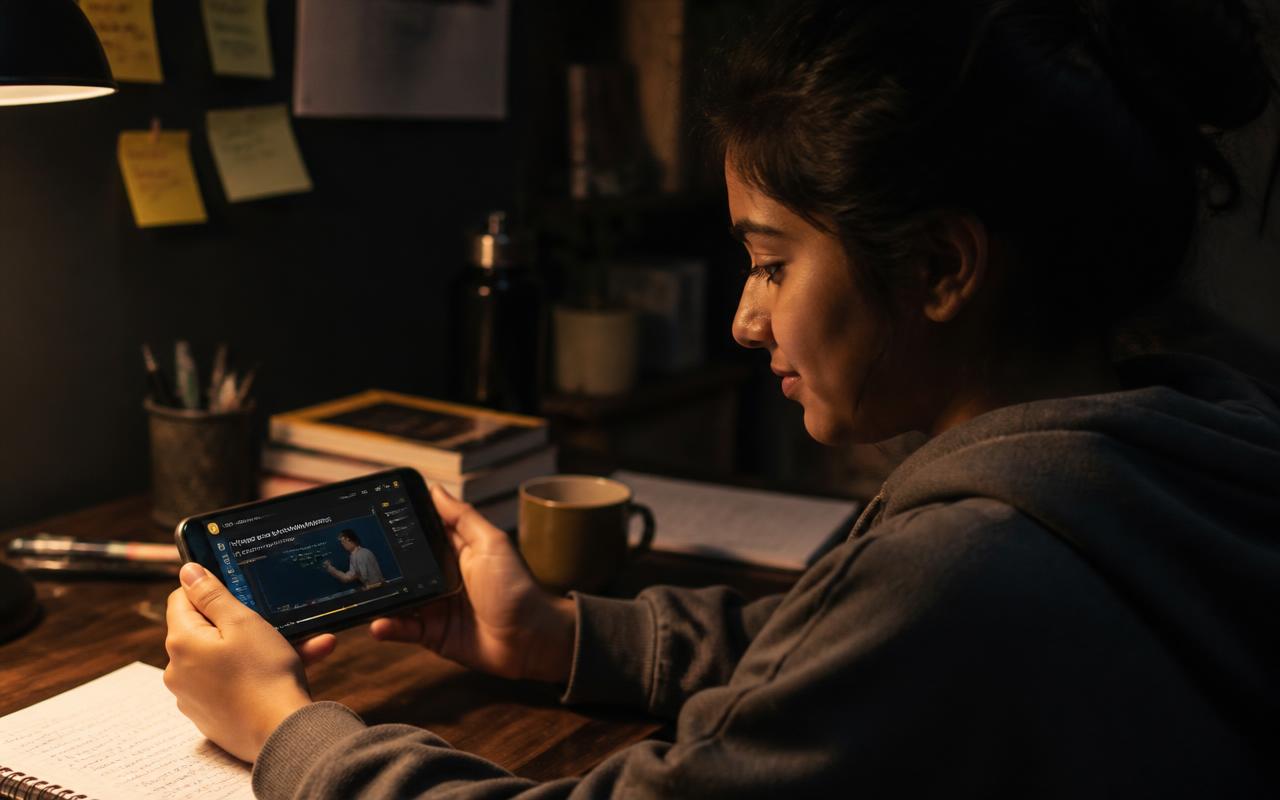 A student watching an online course lesson on a mobile phone